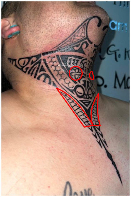 Polynesian manta masculine throat tattoo